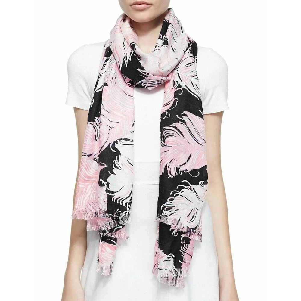 Kate Spade NY Regal Plumes Feather Scarf Pink Black Eyelash Fringe 2435